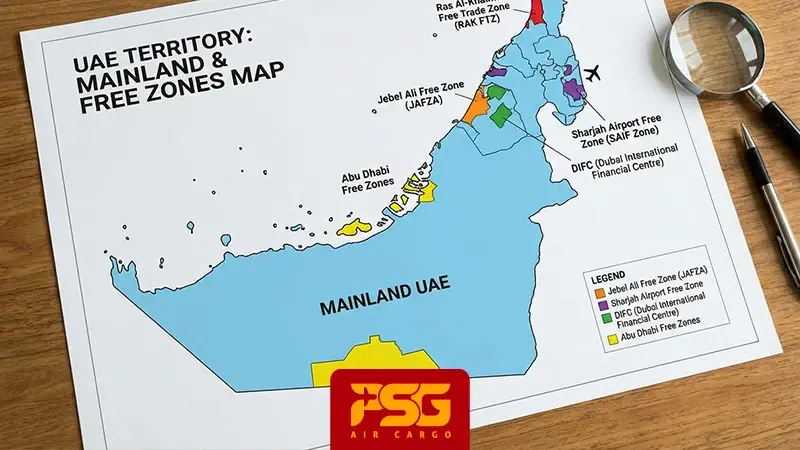 A map showing both mainland and free zones in the UAE
