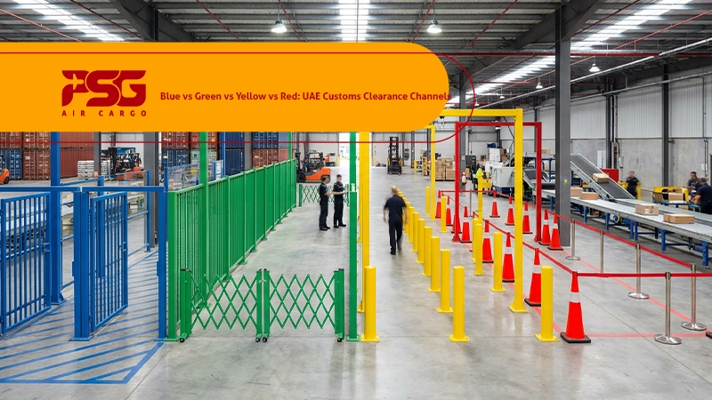the photo shows Blue, Green, Yellow, Red UAE Customs Clearance Channels
